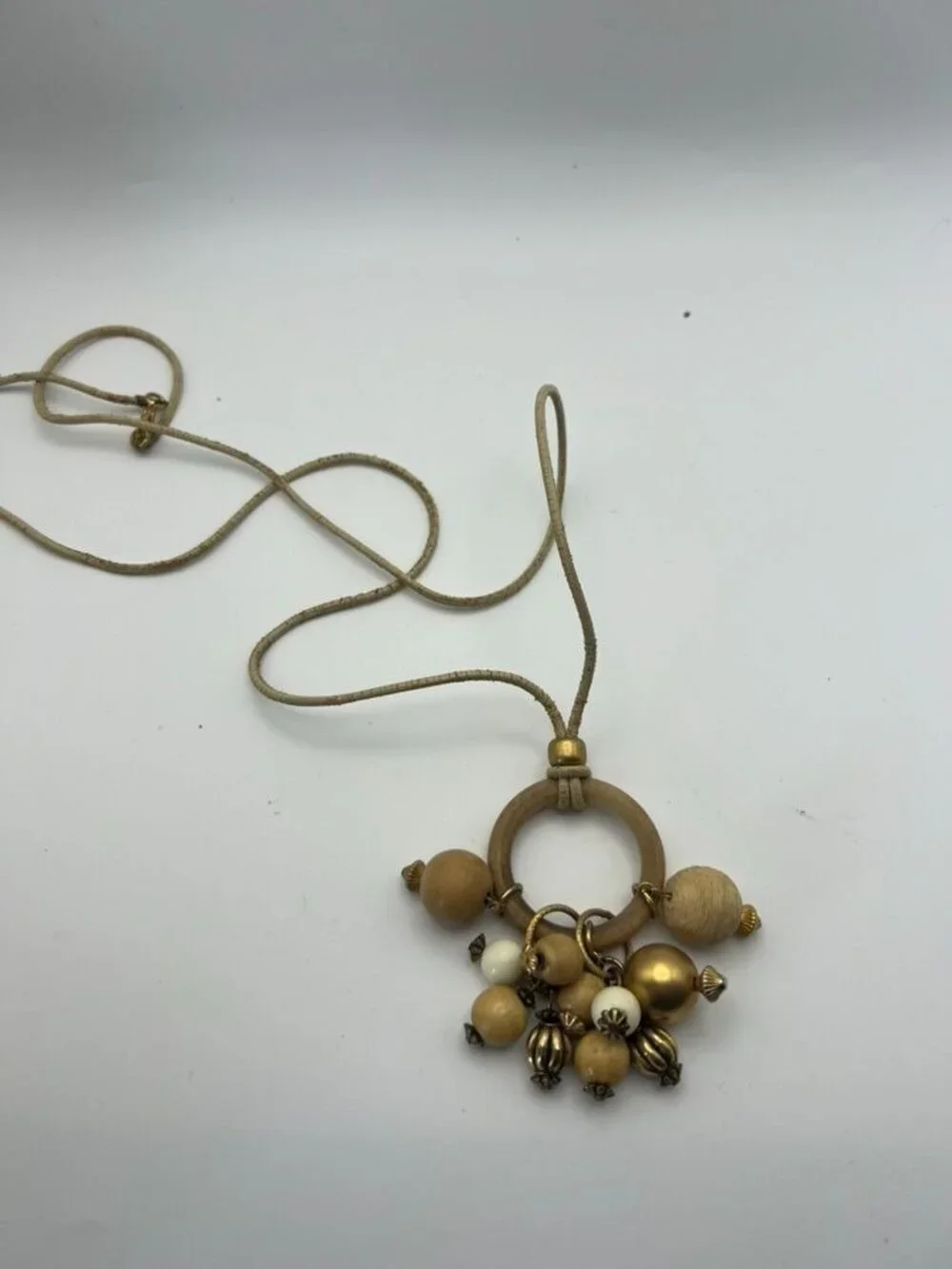Vintage Boho Wood Bead Necklace Long Cord Gold Tone Charm Cluster Pendant